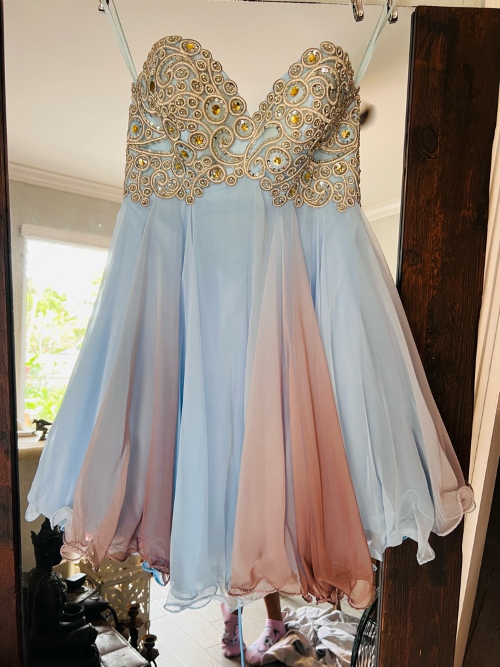 Originally $350 Light Blue and Pink Prom Dress with Beaded Bodice Like new!!